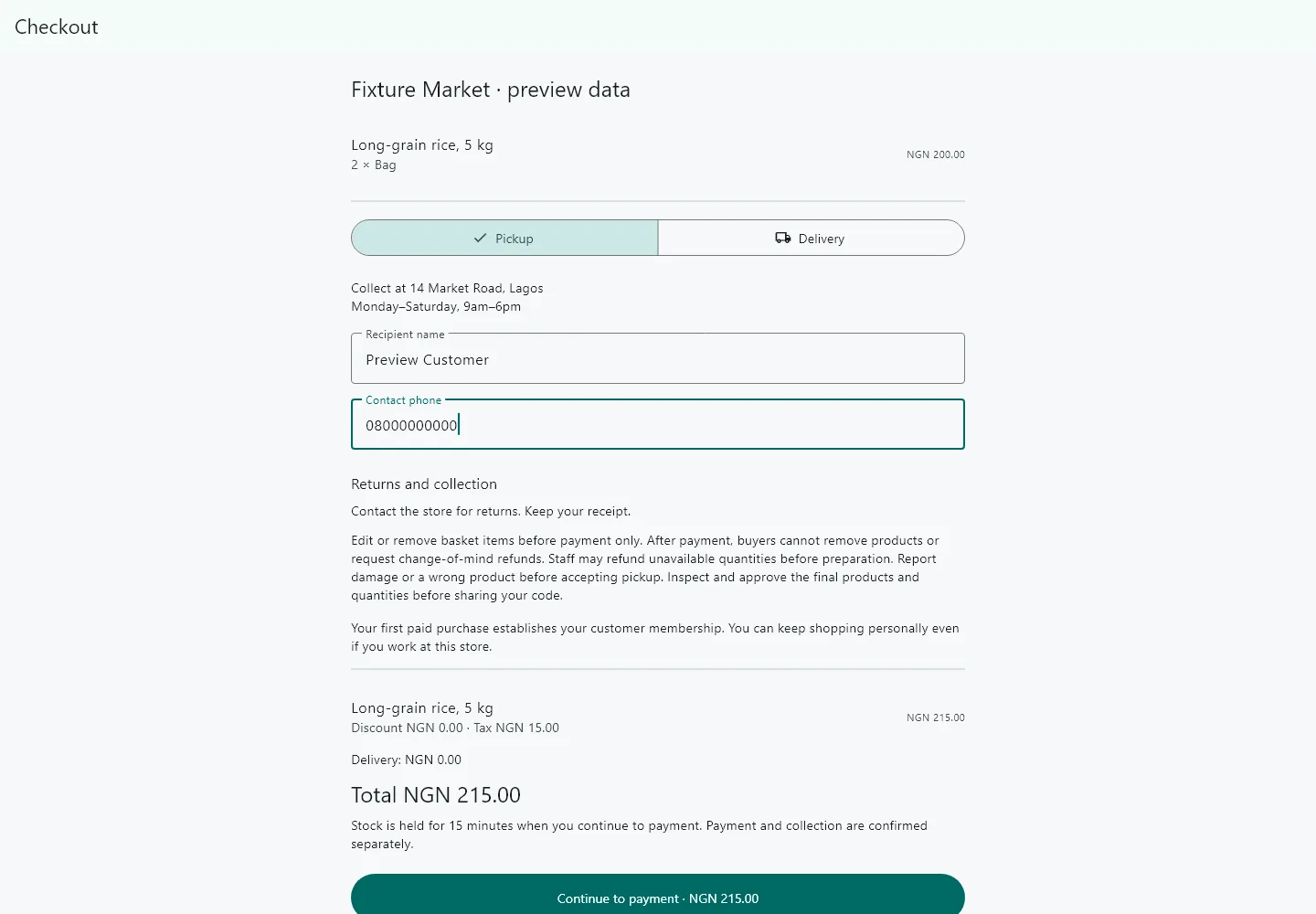 XPOS checkout preview with a sample basket, pickup and delivery options and a payment action